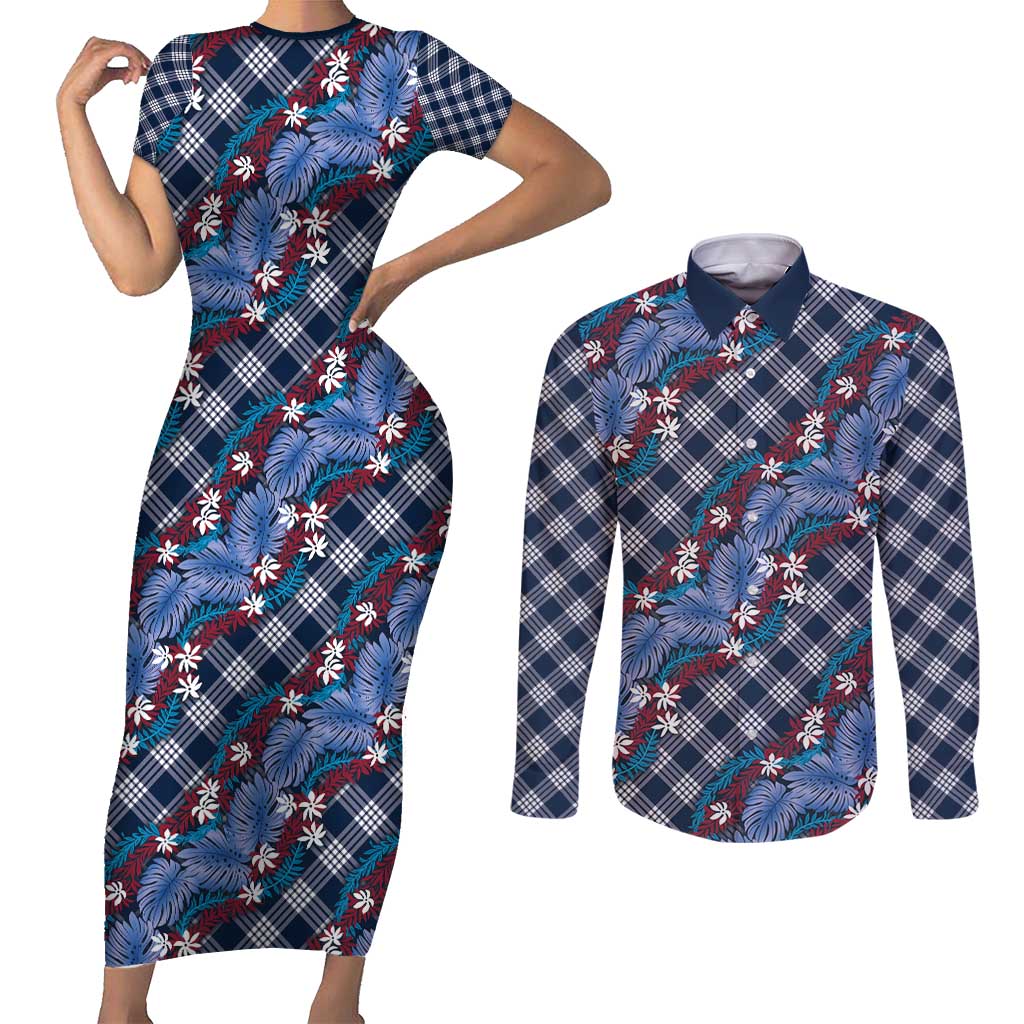 Polynesian Monstera Tiare Floral Couples Matching Short Sleeve Bodycon Dress and Long Sleeve Button Shirt Royal Blue Tropical Plaid LT01 Blue - Polynesian Pride