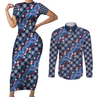 Polynesian Monstera Tiare Floral Couples Matching Short Sleeve Bodycon Dress and Long Sleeve Button Shirt Royal Blue Tropical Plaid LT01 Blue - Polynesian Pride