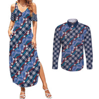 Polynesian Monstera Tiare Floral Couples Matching Summer Maxi Dress and Long Sleeve Button Shirt Royal Blue Tropical Plaid LT01 Blue - Polynesian Pride