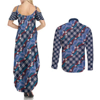 Polynesian Monstera Tiare Floral Couples Matching Summer Maxi Dress and Long Sleeve Button Shirt Royal Blue Tropical Plaid LT01 - Polynesian Pride