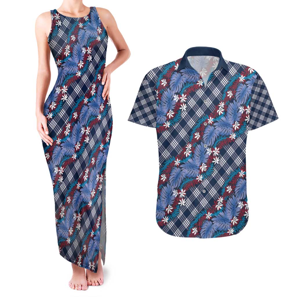 Polynesian Monstera Tiare Floral Couples Matching Tank Maxi Dress and Hawaiian Shirt Royal Blue Tropical Plaid LT01 Blue - Polynesian Pride