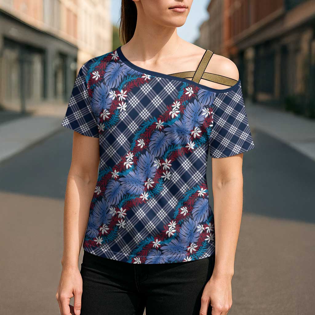 Polynesian Monstera Tiare Floral Cross Shoulder Shirt Royal Blue Tropical Plaid - Polynesian Pride