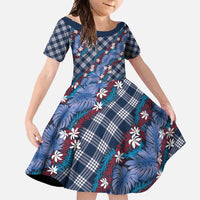 Polynesian Monstera Tiare Floral Family Matching Long Sleeve Bodycon Dress and Hawaiian Shirt Royal Blue Tropical Plaid LT01 Daughter's Dress Blue - Polynesian Pride