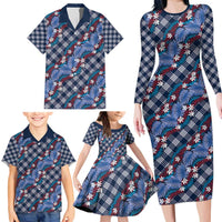 Polynesian Monstera Tiare Floral Family Matching Long Sleeve Bodycon Dress and Hawaiian Shirt Royal Blue Tropical Plaid LT01 - Polynesian Pride