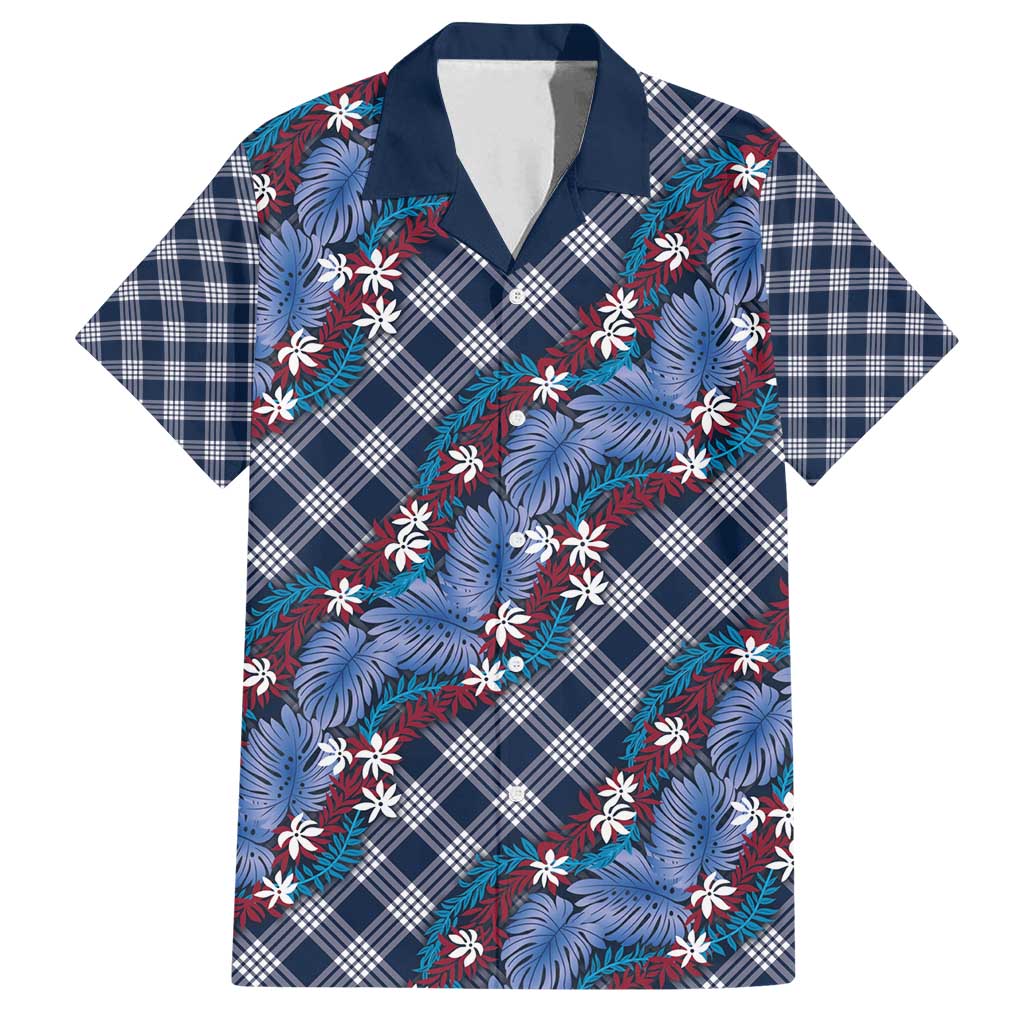 Polynesian Monstera Tiare Floral Family Matching Long Sleeve Bodycon Dress and Hawaiian Shirt Royal Blue Tropical Plaid LT01 Dad's Shirt - Short Sleeve Blue - Polynesian Pride