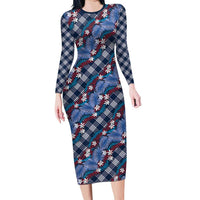 Polynesian Monstera Tiare Floral Family Matching Long Sleeve Bodycon Dress and Hawaiian Shirt Royal Blue Tropical Plaid LT01 Mom's Dress Blue - Polynesian Pride