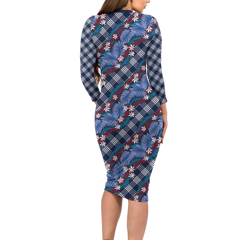 Polynesian Monstera Tiare Floral Family Matching Long Sleeve Bodycon Dress and Hawaiian Shirt Royal Blue Tropical Plaid LT01 - Polynesian Pride