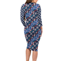 Polynesian Monstera Tiare Floral Family Matching Long Sleeve Bodycon Dress and Hawaiian Shirt Royal Blue Tropical Plaid LT01 - Polynesian Pride