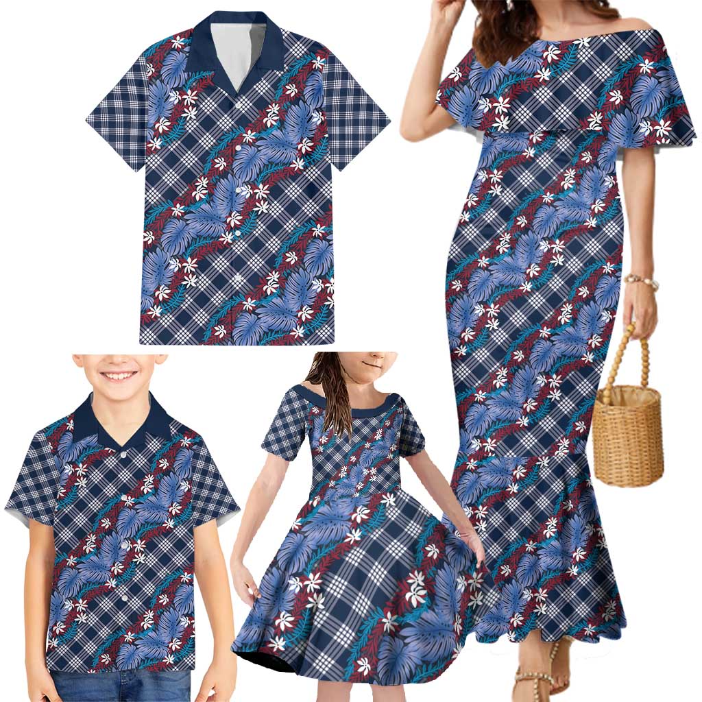 Polynesian Monstera Tiare Floral Family Matching Mermaid Dress and Hawaiian Shirt Royal Blue Tropical Plaid LT01 - Polynesian Pride