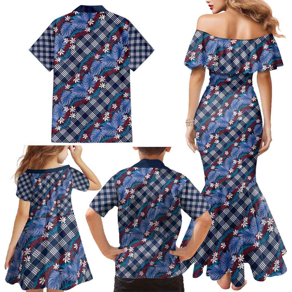 Polynesian Monstera Tiare Floral Family Matching Mermaid Dress and Hawaiian Shirt Royal Blue Tropical Plaid LT01 - Polynesian Pride