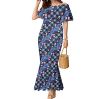 Polynesian Monstera Tiare Floral Family Matching Mermaid Dress and Hawaiian Shirt Royal Blue Tropical Plaid LT01 Mom's Dress Blue - Polynesian Pride