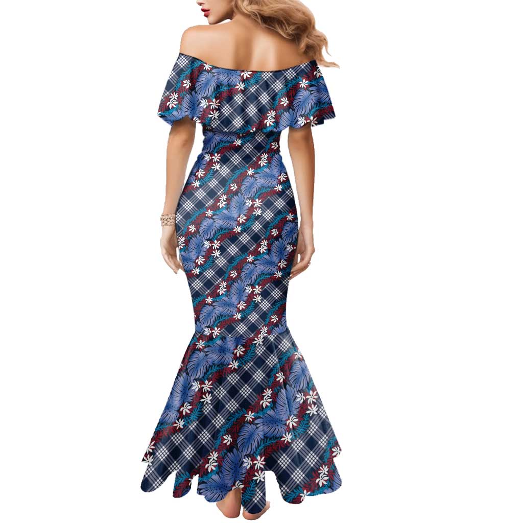 Polynesian Monstera Tiare Floral Family Matching Mermaid Dress and Hawaiian Shirt Royal Blue Tropical Plaid LT01 - Polynesian Pride
