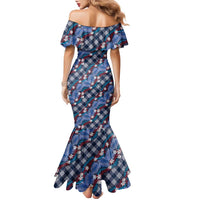 Polynesian Monstera Tiare Floral Family Matching Mermaid Dress and Hawaiian Shirt Royal Blue Tropical Plaid LT01 - Polynesian Pride