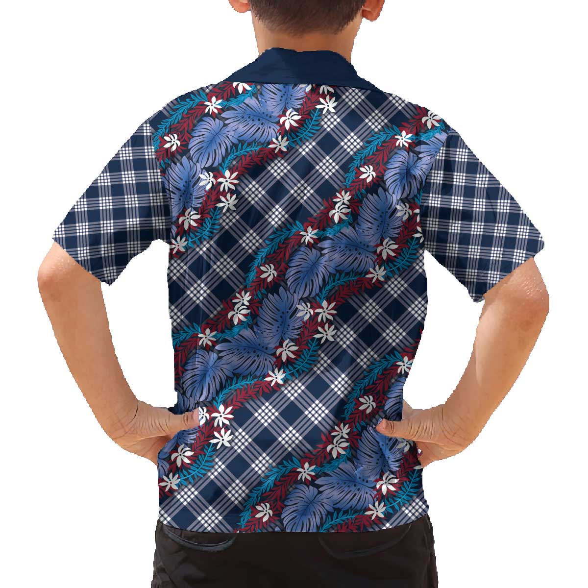 Polynesian Monstera Tiare Floral Family Matching Off The Shoulder Long Sleeve Dress and Hawaiian Shirt Royal Blue Tropical Plaid LT01 - Polynesian Pride