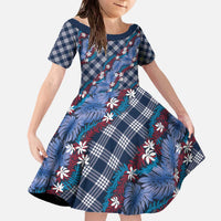 Polynesian Monstera Tiare Floral Family Matching Off The Shoulder Long Sleeve Dress and Hawaiian Shirt Royal Blue Tropical Plaid LT01 Daughter's Dress Blue - Polynesian Pride