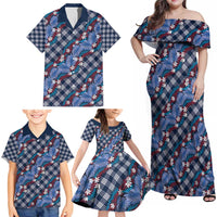 Polynesian Monstera Tiare Floral Family Matching Off Shoulder Maxi Dress and Hawaiian Shirt Royal Blue Tropical Plaid LT01 - Polynesian Pride