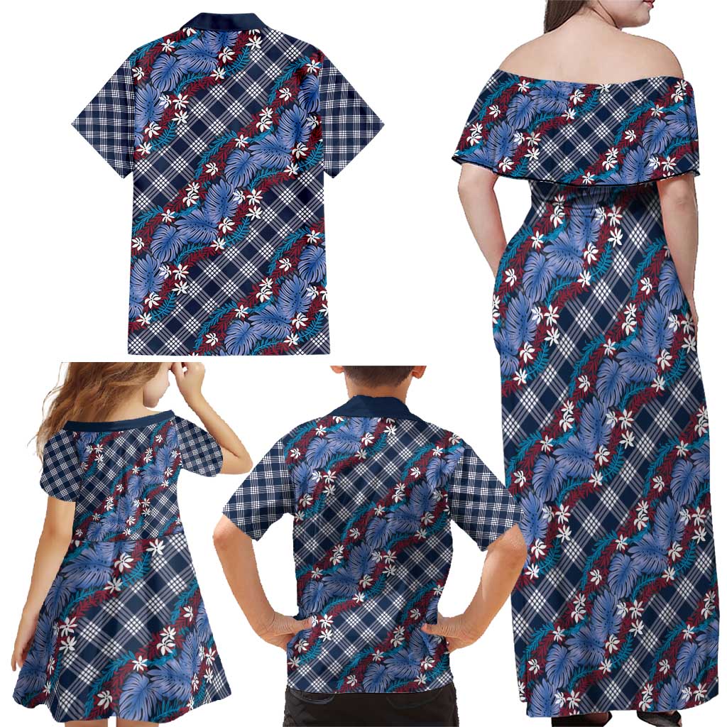 Polynesian Monstera Tiare Floral Family Matching Off Shoulder Maxi Dress and Hawaiian Shirt Royal Blue Tropical Plaid LT01 - Polynesian Pride