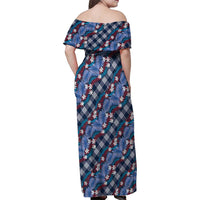 Polynesian Monstera Tiare Floral Family Matching Off Shoulder Maxi Dress and Hawaiian Shirt Royal Blue Tropical Plaid LT01 - Polynesian Pride
