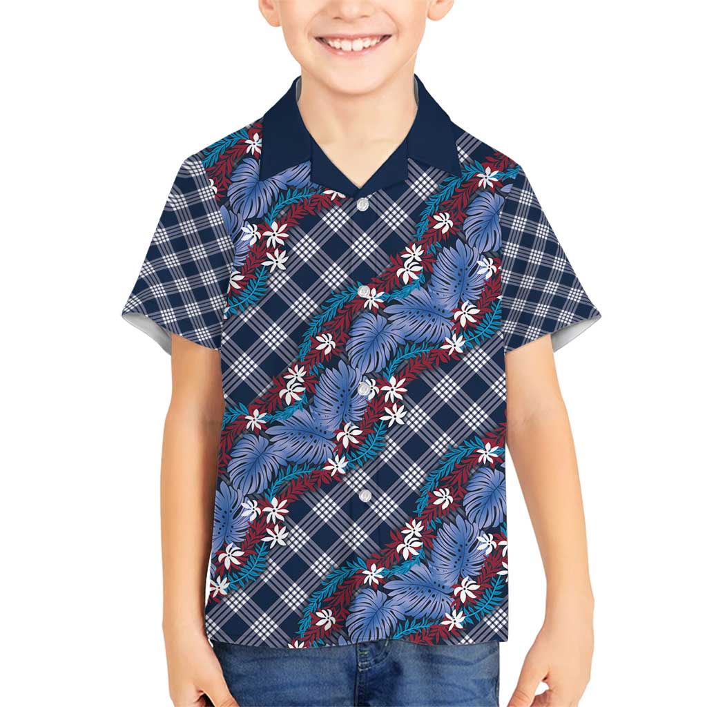 Polynesian Monstera Tiare Floral Family Matching Off Shoulder Maxi Dress and Hawaiian Shirt Royal Blue Tropical Plaid LT01 Son's Shirt Blue - Polynesian Pride