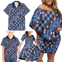 Polynesian Monstera Tiare Floral Family Matching Off Shoulder Short Dress and Hawaiian Shirt Royal Blue Tropical Plaid LT01 - Polynesian Pride