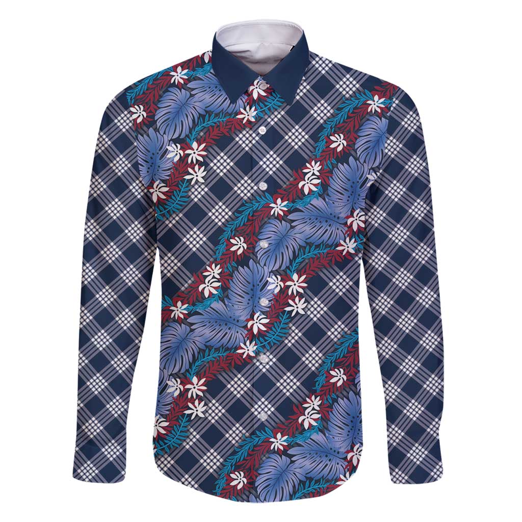 Polynesian Monstera Tiare Floral Family Matching Off Shoulder Short Dress and Hawaiian Shirt Royal Blue Tropical Plaid LT01 Dad's Shirt - Long Sleeve Blue - Polynesian Pride