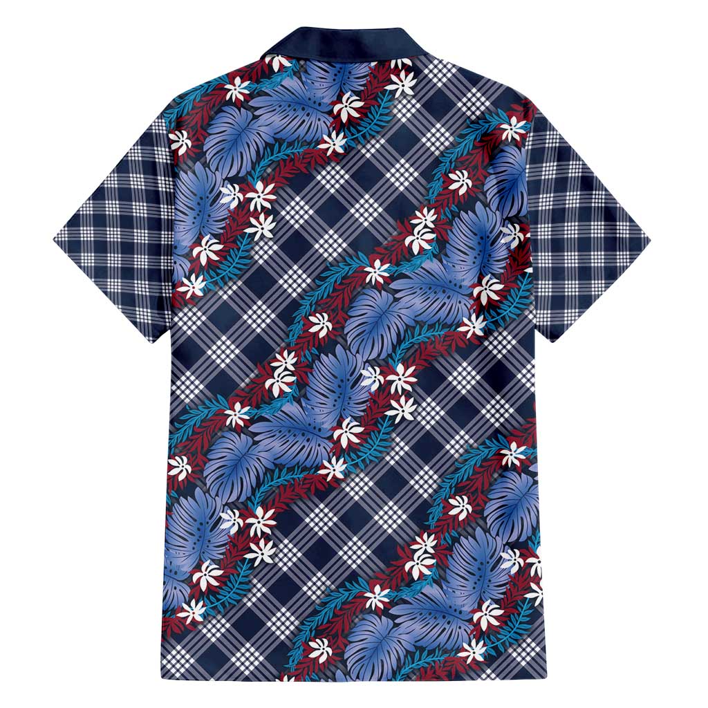 Polynesian Monstera Tiare Floral Family Matching Puletasi and Hawaiian Shirt Royal Blue Tropical Plaid LT01 - Polynesian Pride