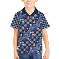 Polynesian Monstera Tiare Floral Family Matching Puletasi and Hawaiian Shirt Royal Blue Tropical Plaid LT01 Son's Shirt Blue - Polynesian Pride