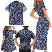 Polynesian Monstera Tiare Floral Family Matching Short Sleeve Bodycon Dress and Hawaiian Shirt Royal Blue Tropical Plaid LT01 - Polynesian Pride