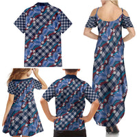 Polynesian Monstera Tiare Floral Family Matching Summer Maxi Dress and Hawaiian Shirt Royal Blue Tropical Plaid LT01 - Polynesian Pride