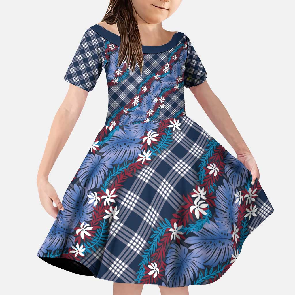 Polynesian Monstera Tiare Floral Family Matching Tank Maxi Dress and Hawaiian Shirt Royal Blue Tropical Plaid LT01 Daughter's Dress Blue - Polynesian Pride