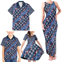 Polynesian Monstera Tiare Floral Family Matching Tank Maxi Dress and Hawaiian Shirt Royal Blue Tropical Plaid LT01 - Polynesian Pride
