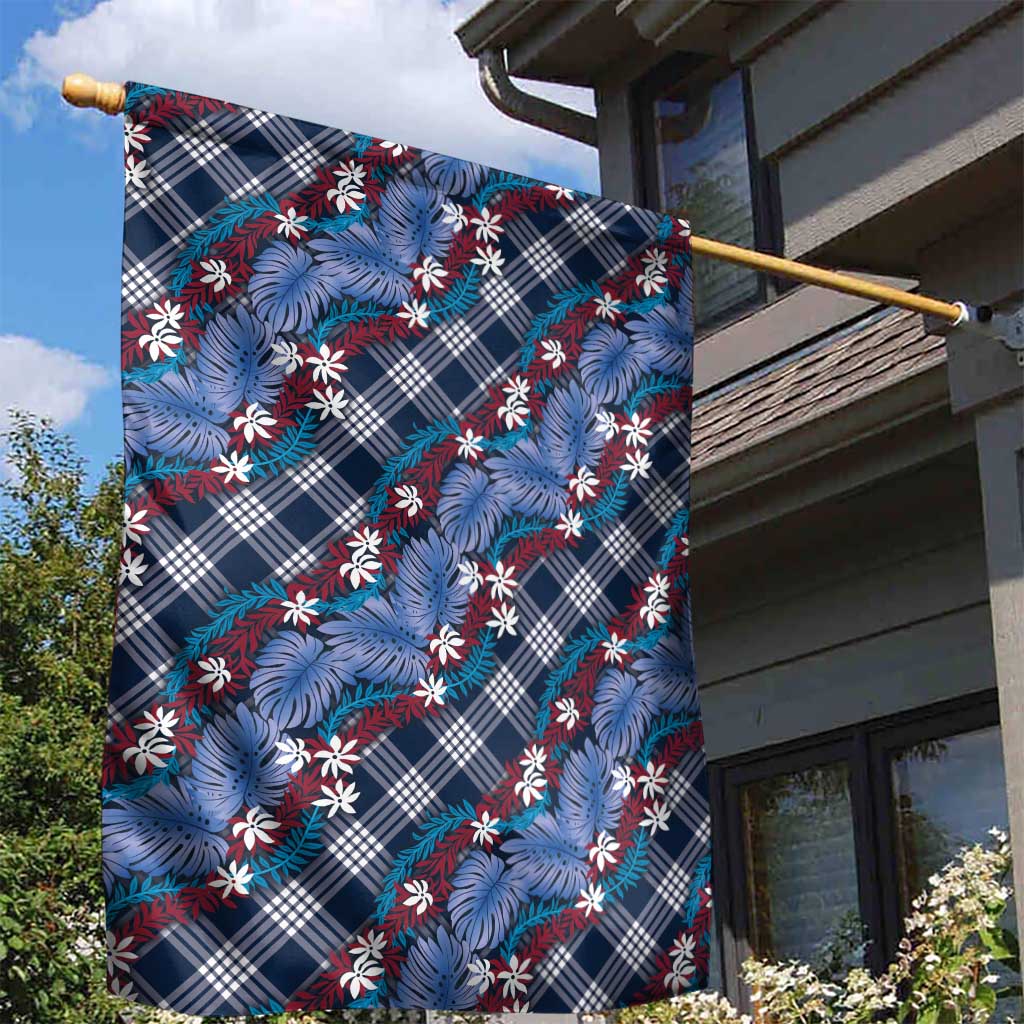 Polynesian Monstera Tiare Floral Garden Flag Royal Blue Tropical Plaid - Polynesian Pride