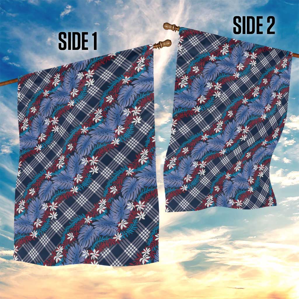 Polynesian Monstera Tiare Floral Garden Flag Royal Blue Tropical Plaid - Polynesian Pride