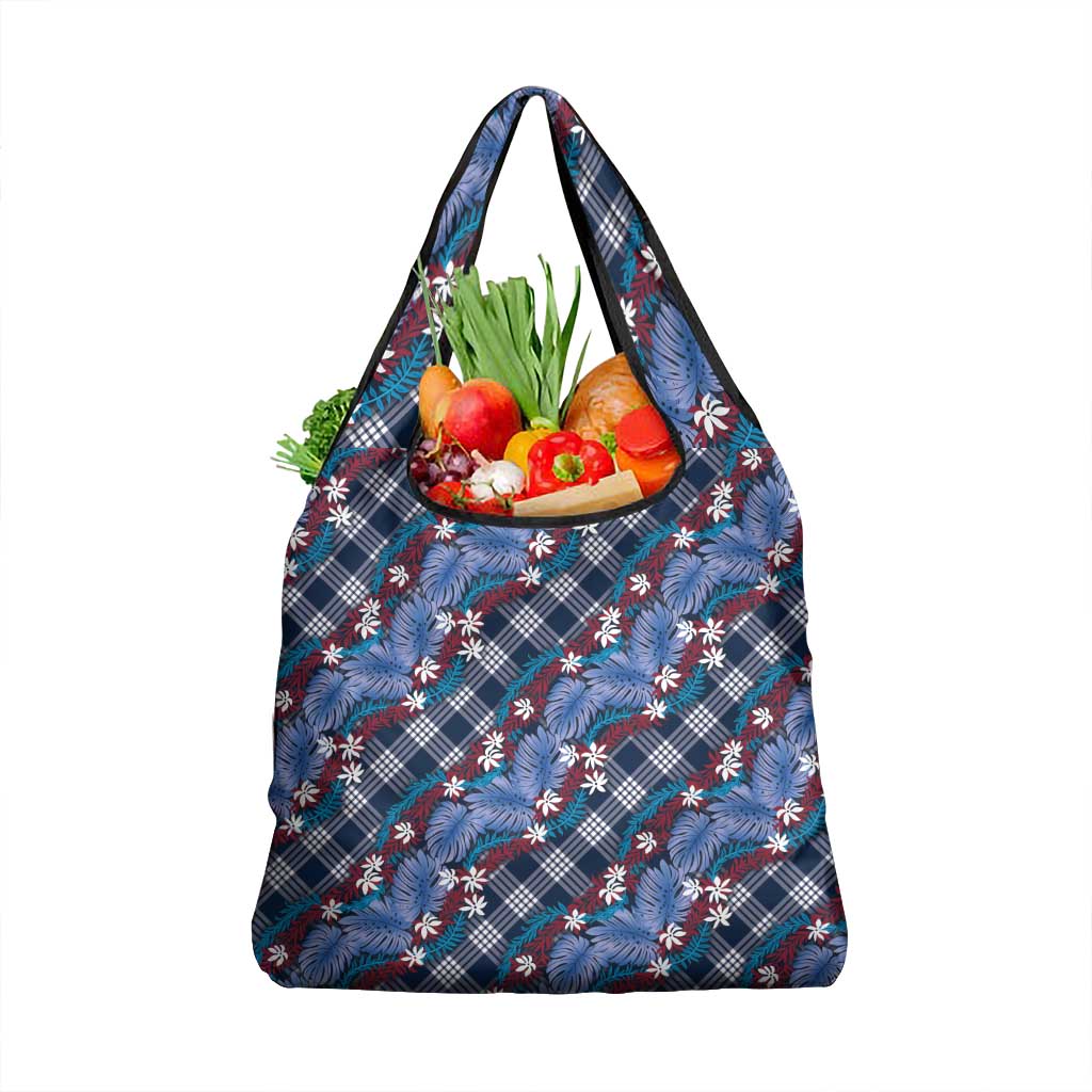 Polynesian Monstera Tiare Floral Grocery Bag Royal Blue Tropical Plaid - Polynesian Pride