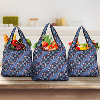 Polynesian Monstera Tiare Floral Grocery Bag Royal Blue Tropical Plaid - Polynesian Pride