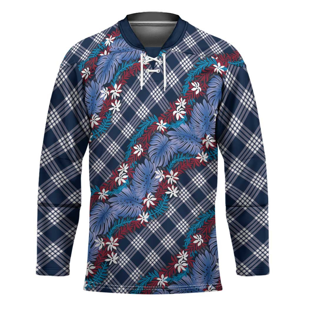 Polynesian Monstera Tiare Floral Hockey Jersey Royal Blue Tropical Plaid - Polynesian Pride