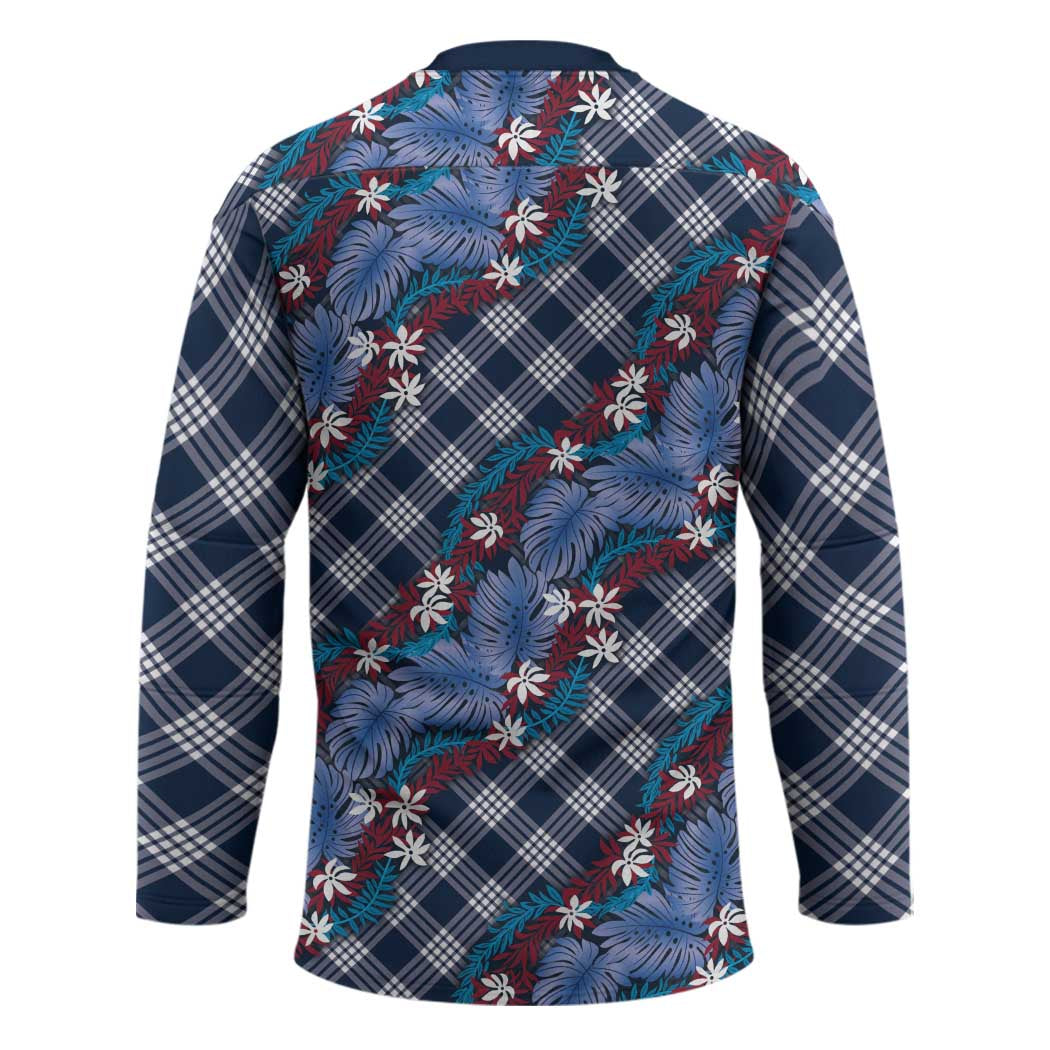 Polynesian Monstera Tiare Floral Hockey Jersey Royal Blue Tropical Plaid - Polynesian Pride