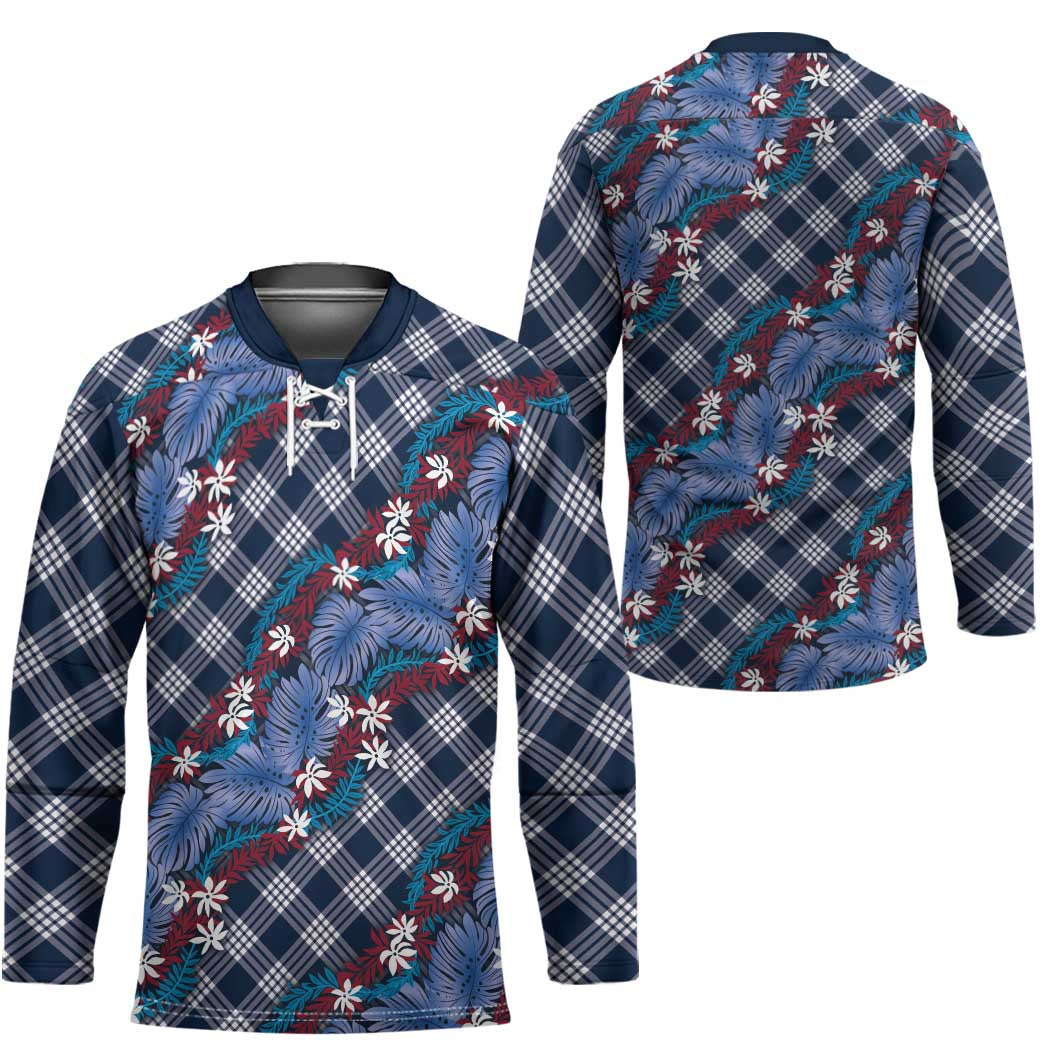 Polynesian Monstera Tiare Floral Hockey Jersey Royal Blue Tropical Plaid - Polynesian Pride