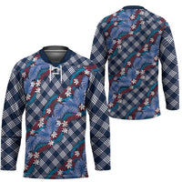 Polynesian Monstera Tiare Floral Hockey Jersey Royal Blue Tropical Plaid - Polynesian Pride