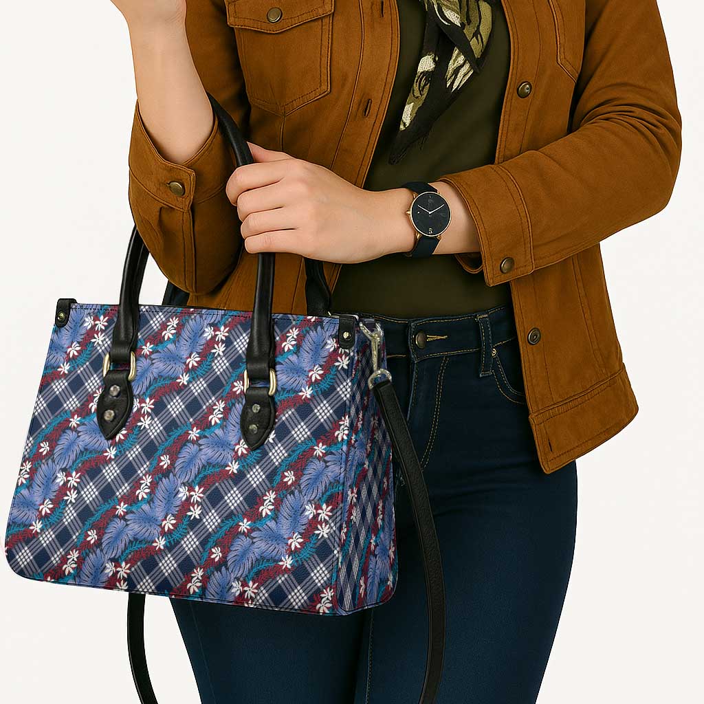 Polynesian Monstera Tiare Floral Leather Bag Royal Blue Tropical Plaid - Polynesian Pride