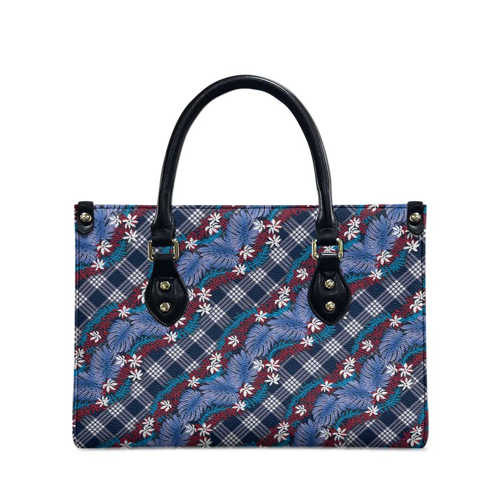 Polynesian Monstera Tiare Floral Leather Bag Royal Blue Tropical Plaid - Polynesian Pride