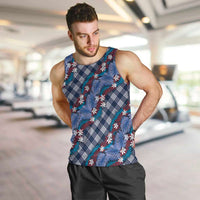 Polynesian Monstera Tiare Floral Men Tank Top Royal Blue Tropical Plaid - Polynesian Pride
