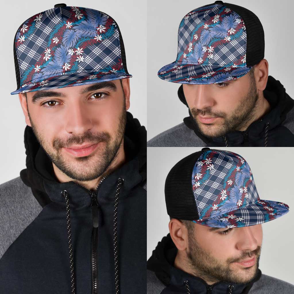 Polynesian Monstera Tiare Floral Mesh Trucker Cap Royal Blue Tropical Plaid LT01 - Polynesian Pride