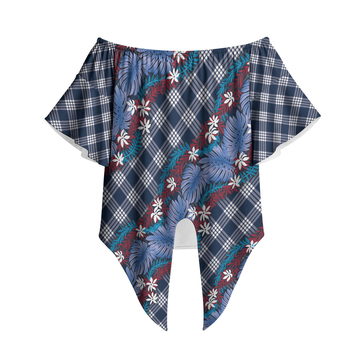 Polynesian Monstera Tiare Floral Off Shoulder Wrap Waist Top Royal Blue Tropical Plaid LT01 Blue - Polynesian Pride