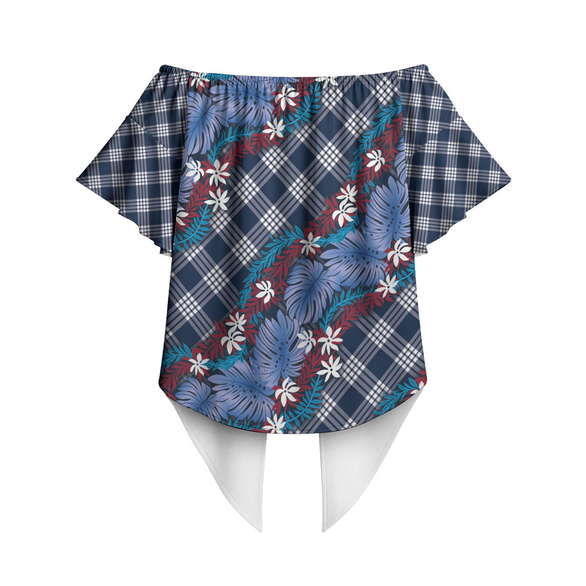 Polynesian Monstera Tiare Floral Off Shoulder Wrap Waist Top Royal Blue Tropical Plaid LT01 - Polynesian Pride