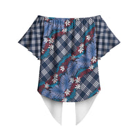 Polynesian Monstera Tiare Floral Off Shoulder Wrap Waist Top Royal Blue Tropical Plaid LT01 - Polynesian Pride