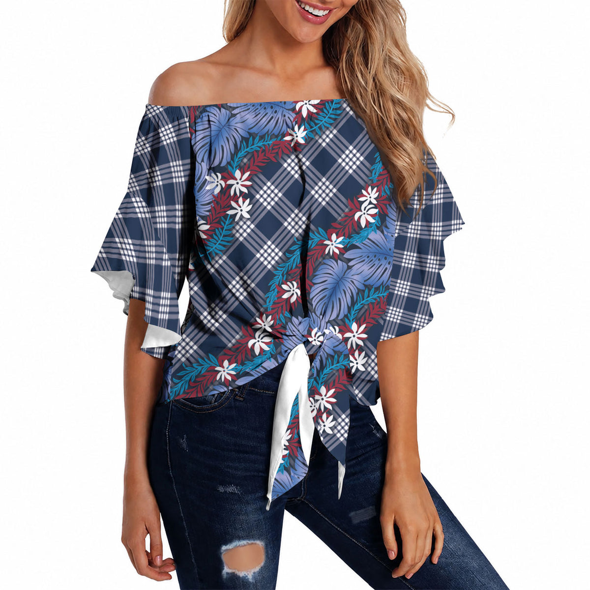 Polynesian Monstera Tiare Floral Off Shoulder Wrap Waist Top Royal Blue Tropical Plaid LT01 - Polynesian Pride