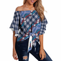 Polynesian Monstera Tiare Floral Off Shoulder Wrap Waist Top Royal Blue Tropical Plaid LT01 - Polynesian Pride