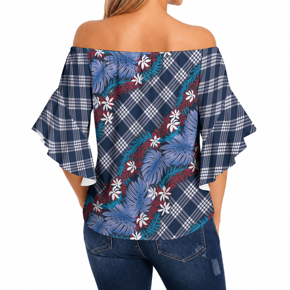 Polynesian Monstera Tiare Floral Off Shoulder Wrap Waist Top Royal Blue Tropical Plaid LT01 - Polynesian Pride