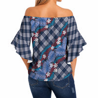 Polynesian Monstera Tiare Floral Off Shoulder Wrap Waist Top Royal Blue Tropical Plaid LT01 - Polynesian Pride